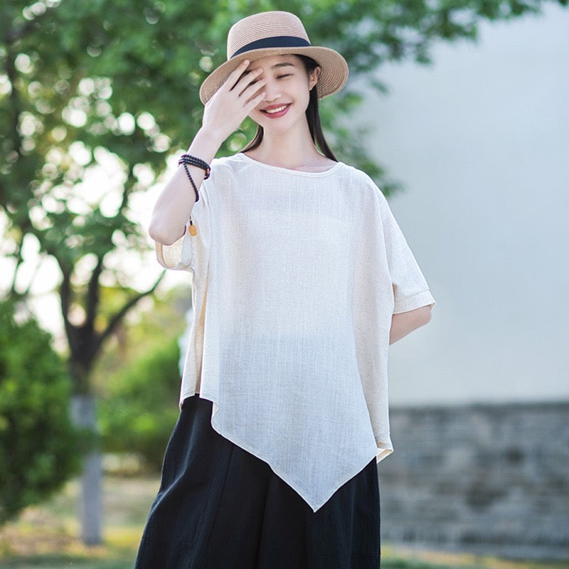 2025 Summer Artistic Linen Batwing Sleeve T-Shirt for Women with Irregular Design