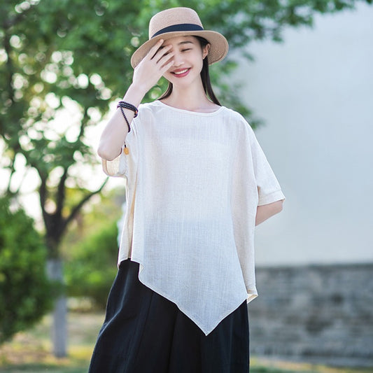 2025 Summer Artistic Linen Batwing Sleeve T-Shirt for Women with Irregular Design