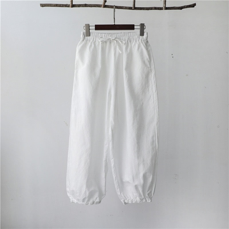2025 New Collection Cotton-Linen Women’s Fashion Vintage Loose Casual Linen Pants with Elastic Waist and 9/10-Length Lantern Legs