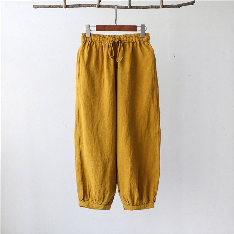 2025 New Collection Cotton-Linen Women’s Fashion Vintage Loose Casual Linen Pants with Elastic Waist and 9/10-Length Lantern Legs