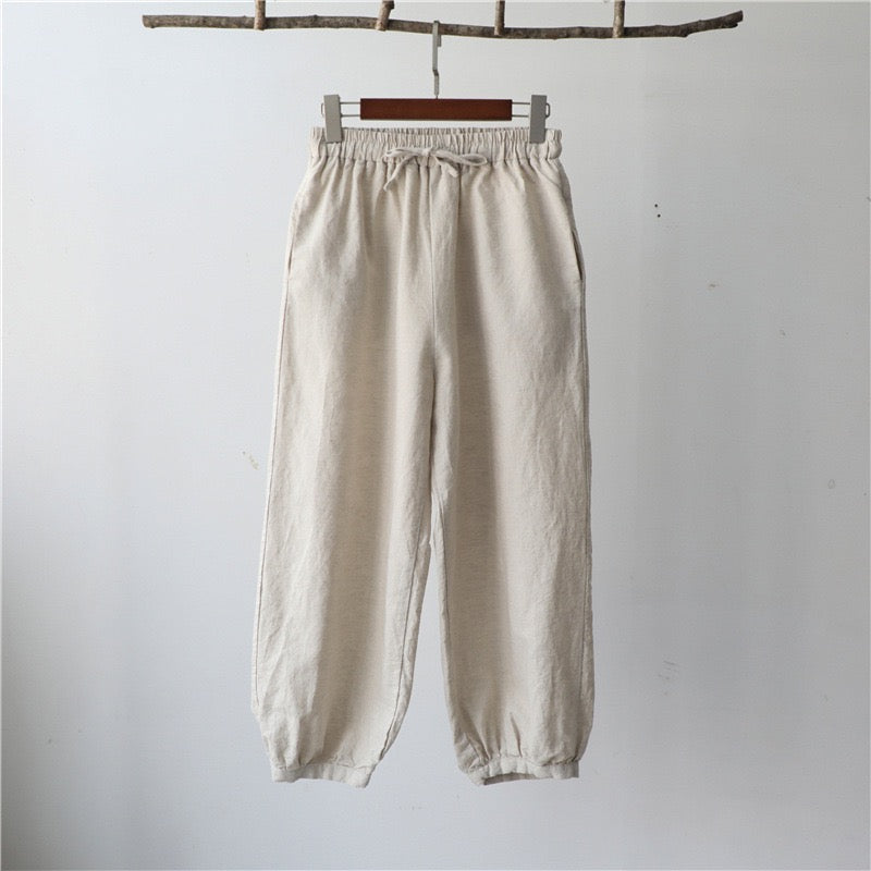 2025 New Collection Cotton-Linen Women’s Fashion Vintage Loose Casual Linen Pants with Elastic Waist and 9/10-Length Lantern Legs