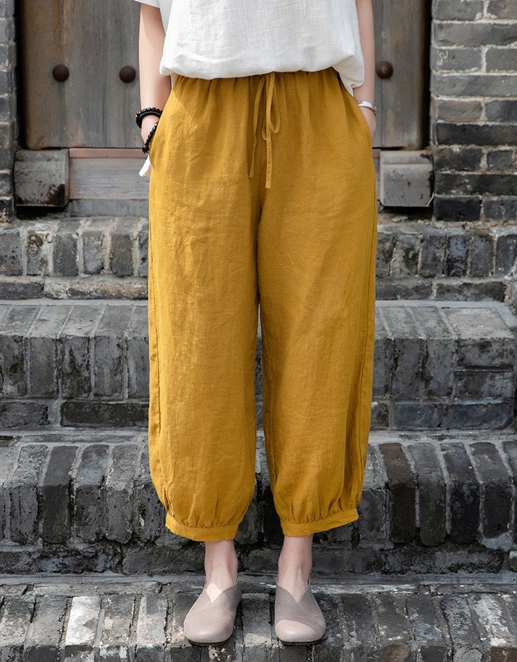 2025 New Collection Cotton-Linen Women’s Fashion Vintage Loose Casual Linen Pants with Elastic Waist and 9/10-Length Lantern Legs