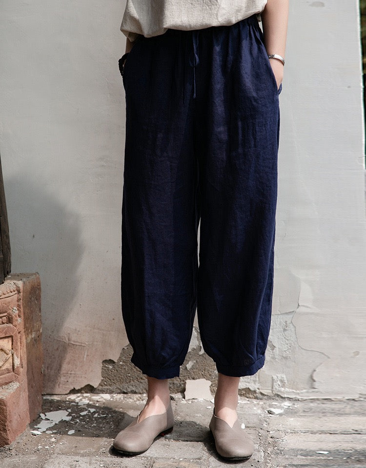 2025 New Collection Cotton-Linen Women’s Fashion Vintage Loose Casual Linen Pants with Elastic Waist and 9/10-Length Lantern Legs