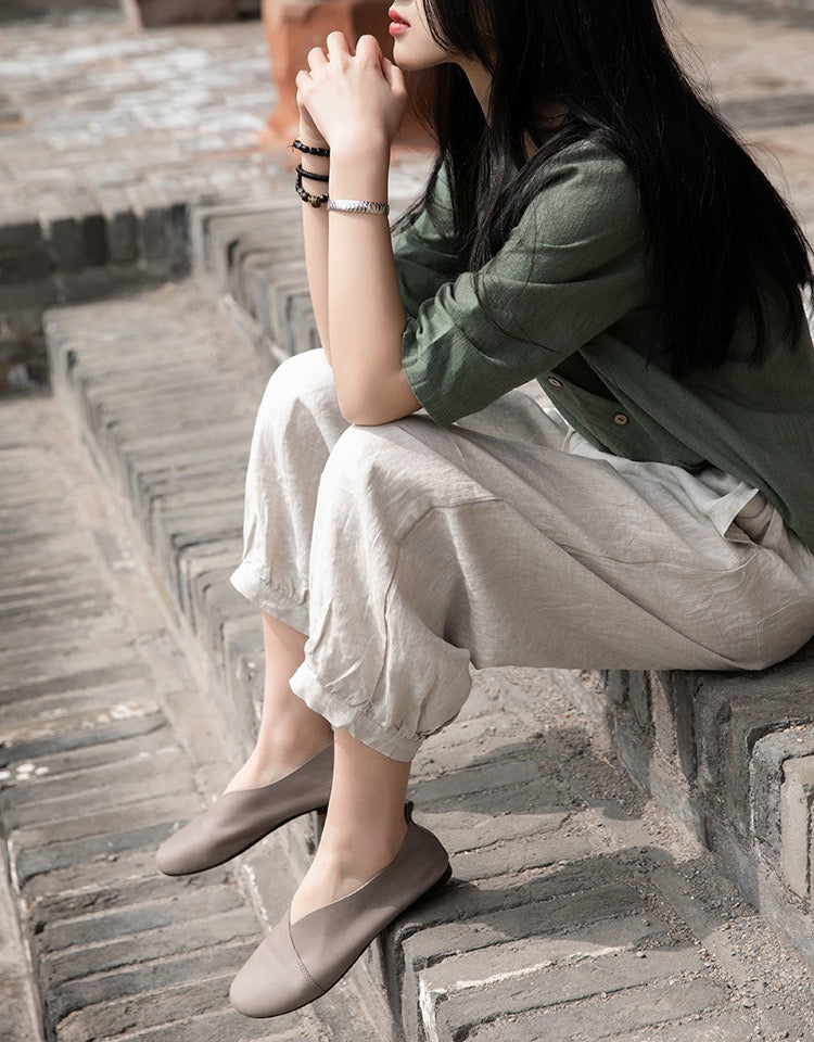 2025 New Collection Cotton-Linen Women’s Fashion Vintage Loose Casual Linen Pants with Elastic Waist and 9/10-Length Lantern Legs