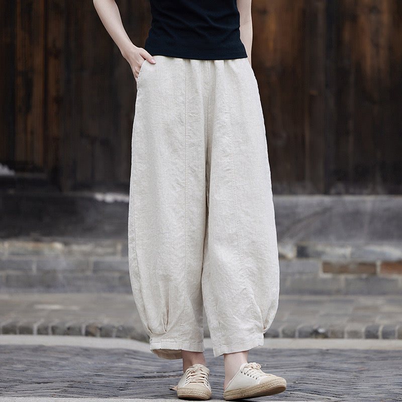 2025 Cotton-Linen Women's Artistic Vintage Design Loose-Fit Wide-Leg Thin Casual Pants Women Linen Lantern Pants