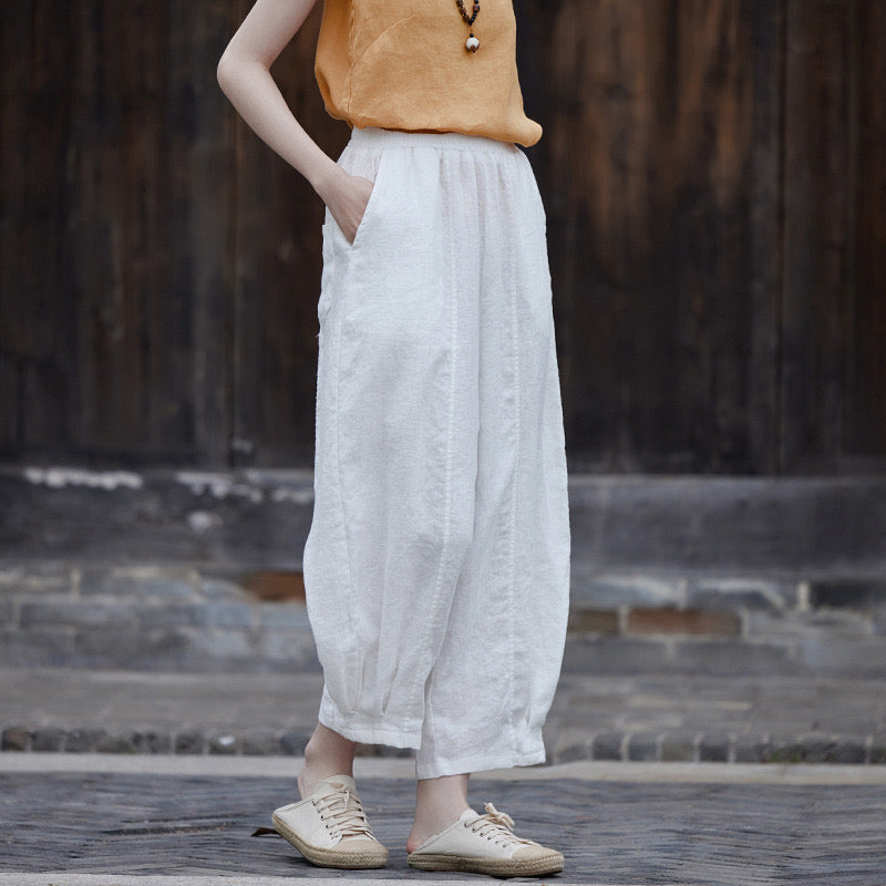 2025 Cotton-Linen Women's Artistic Vintage Design Loose-Fit Wide-Leg Thin Casual Pants Women Linen Lantern Pants
