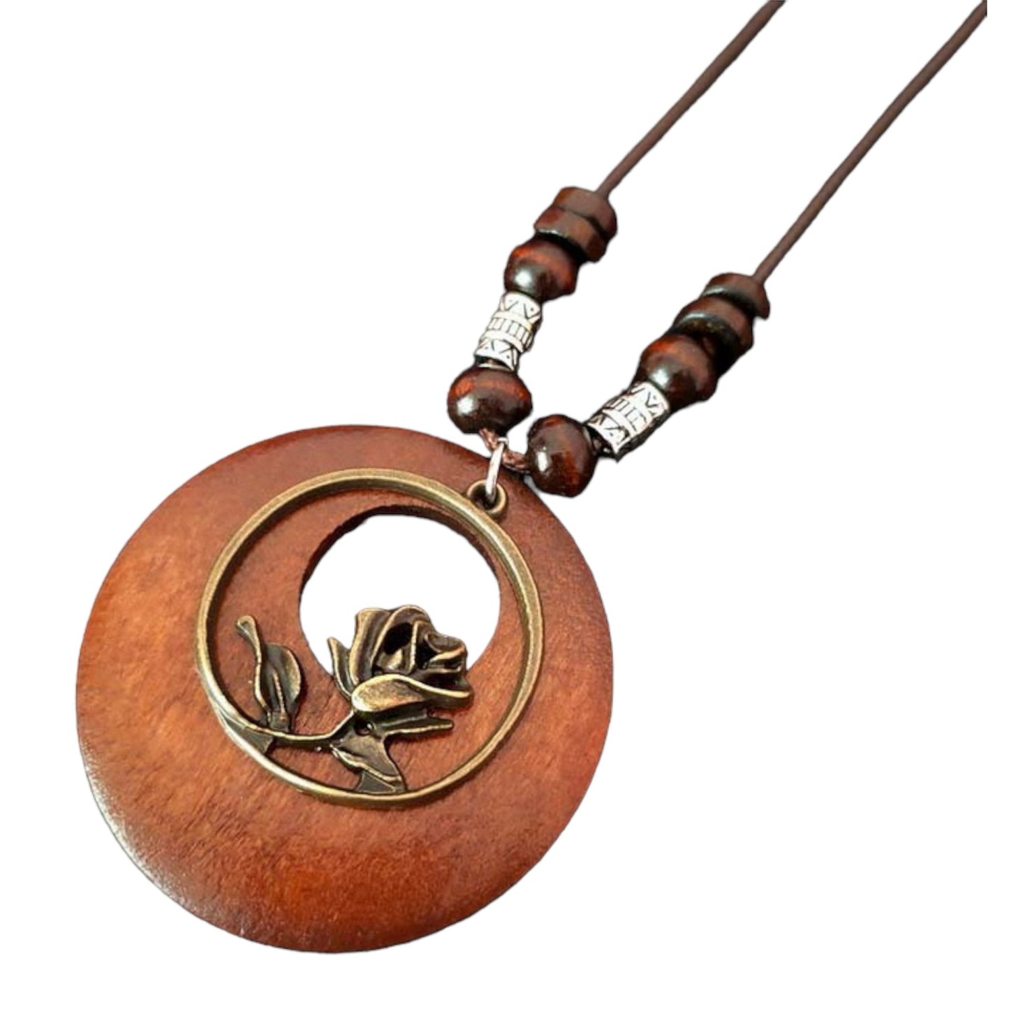 Vintage Ethnic Style Beaded Wooden Hollow Pendant Necklace (Rose)