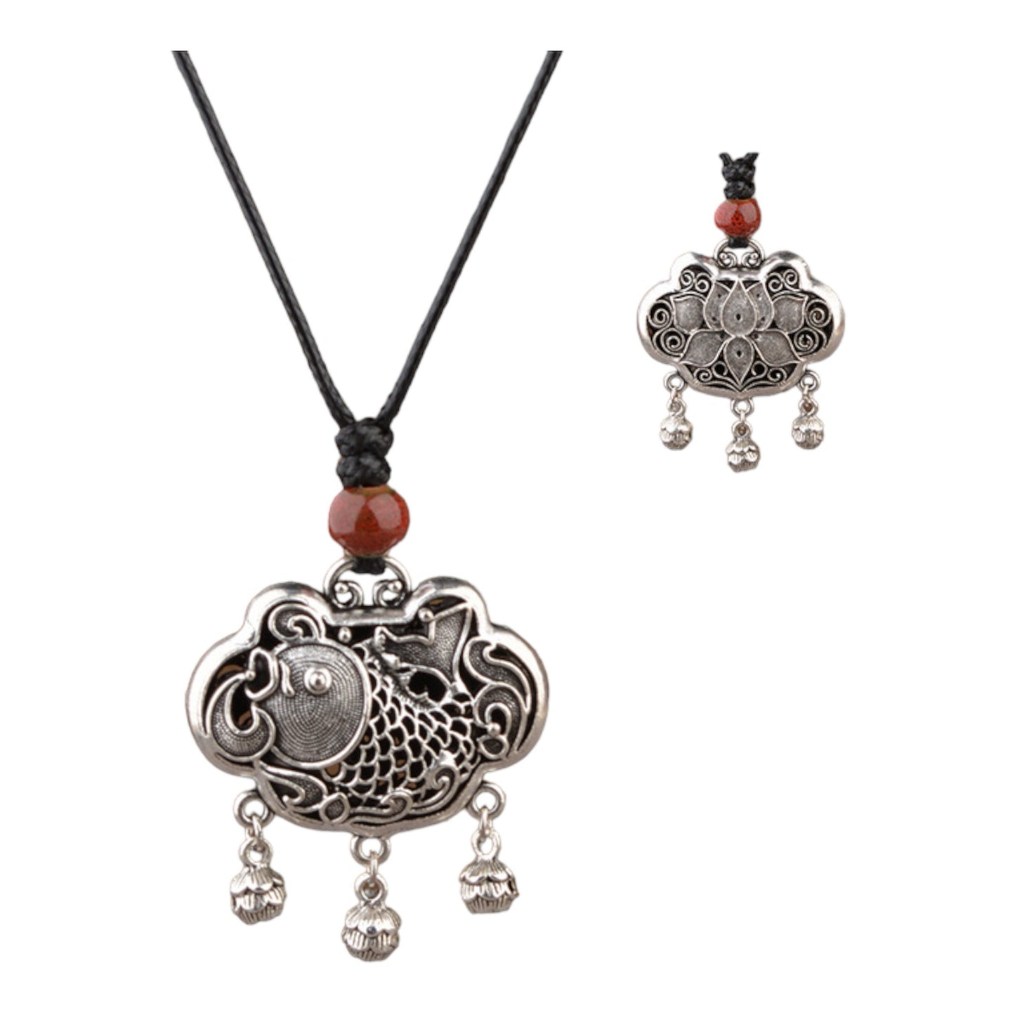 Vintage Tibetan Silver Koi Fish Playing with Lotus Safe Lock Necklace