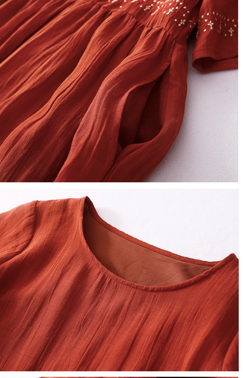 New Premium Original Ramie Dress: Artistic Vintage, Loose Fit, Embroidered Ramie Maxi Dress