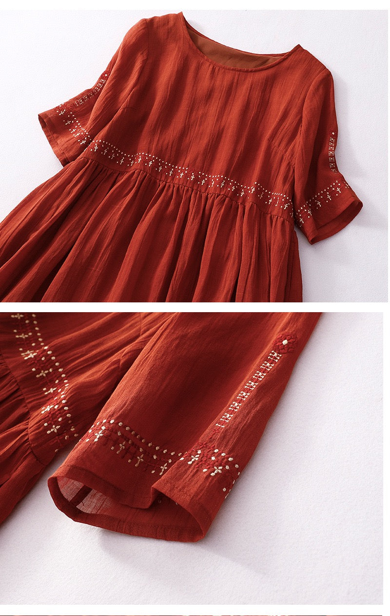 New Premium Original Ramie Dress: Artistic Vintage, Loose Fit, Embroidered Ramie Maxi Dress
