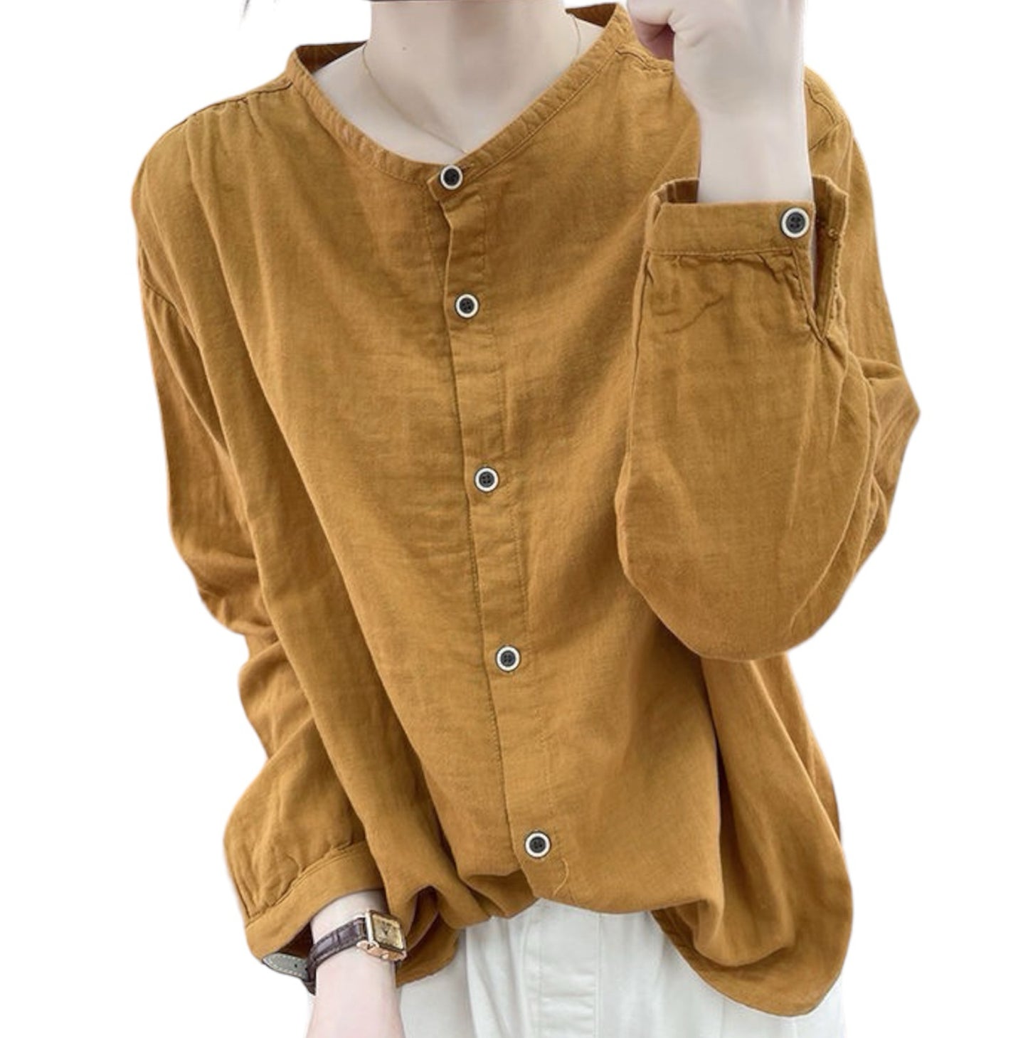 Korean Design High-Collar Cotton Long Sleeve Shirt: Loose, Artistic Top, Vintage Base Shirt, Blouse