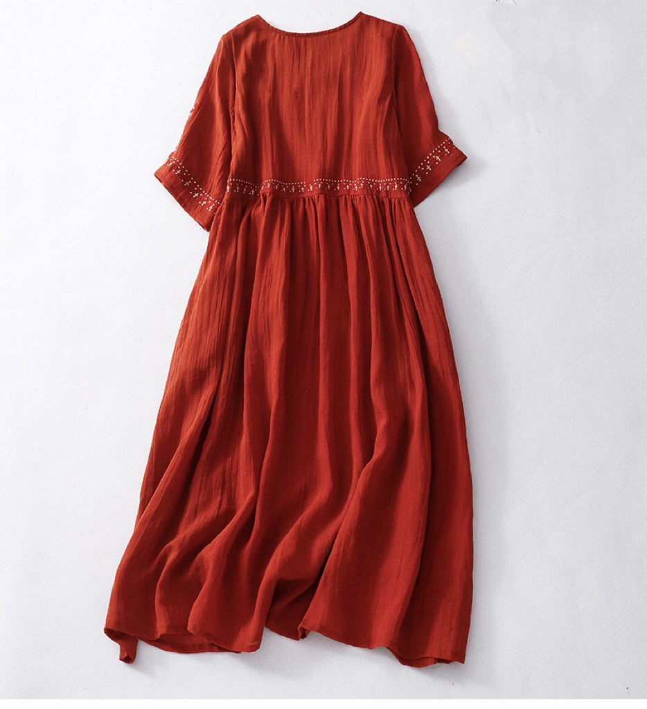 New Premium Original Ramie Dress: Artistic Vintage, Loose Fit, Embroidered Ramie Maxi Dress