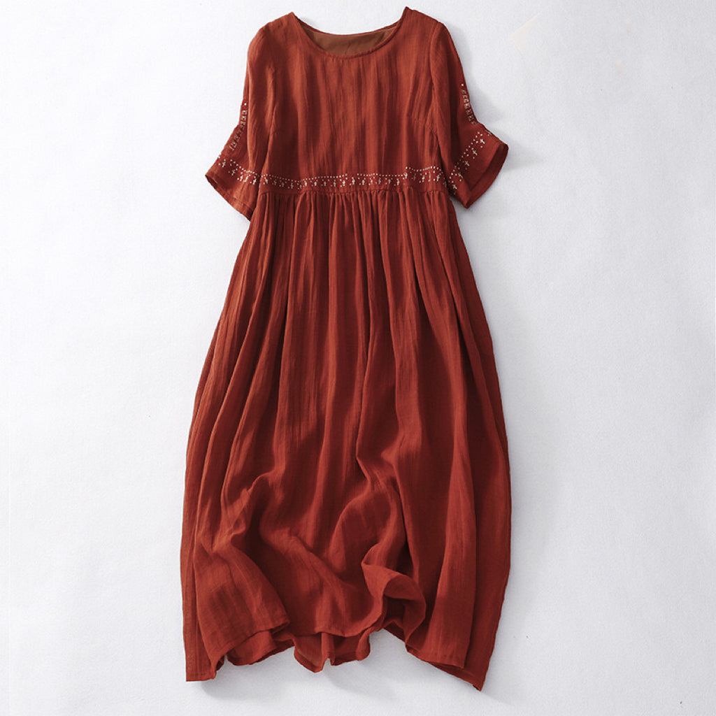 New Premium Original Ramie Dress: Artistic Vintage, Loose Fit, Embroidered Ramie Maxi Dress