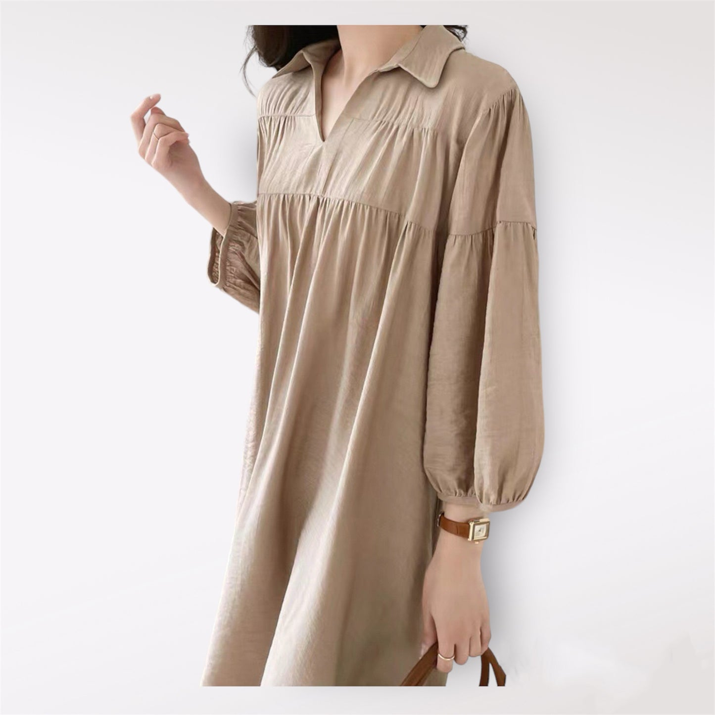 Korean Chic Loose Fit Lantern Sleeve Dress with V-Neck and Waist Tie, Long Sleeve Women’s Midi Dress