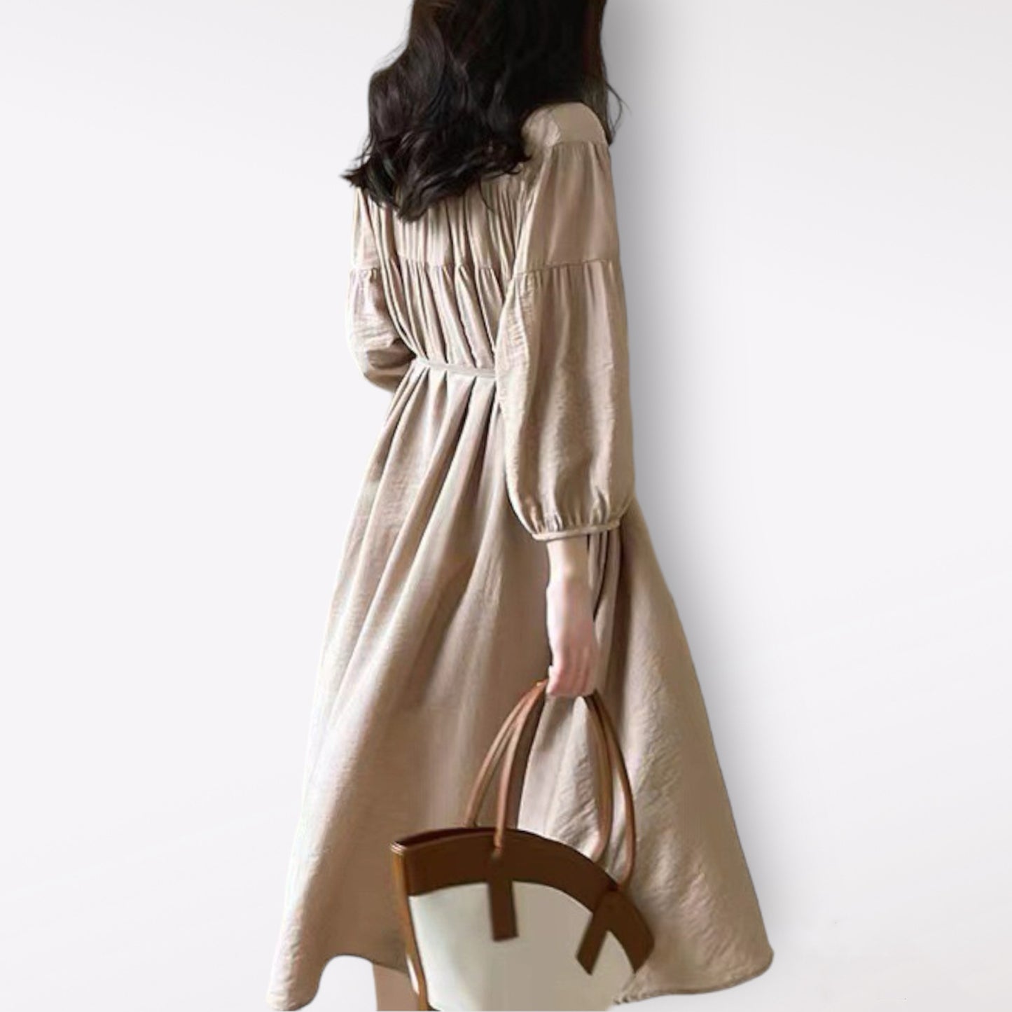 Korean Chic Loose Fit Lantern Sleeve Dress with V-Neck and Waist Tie, Long Sleeve Women’s Midi Dress