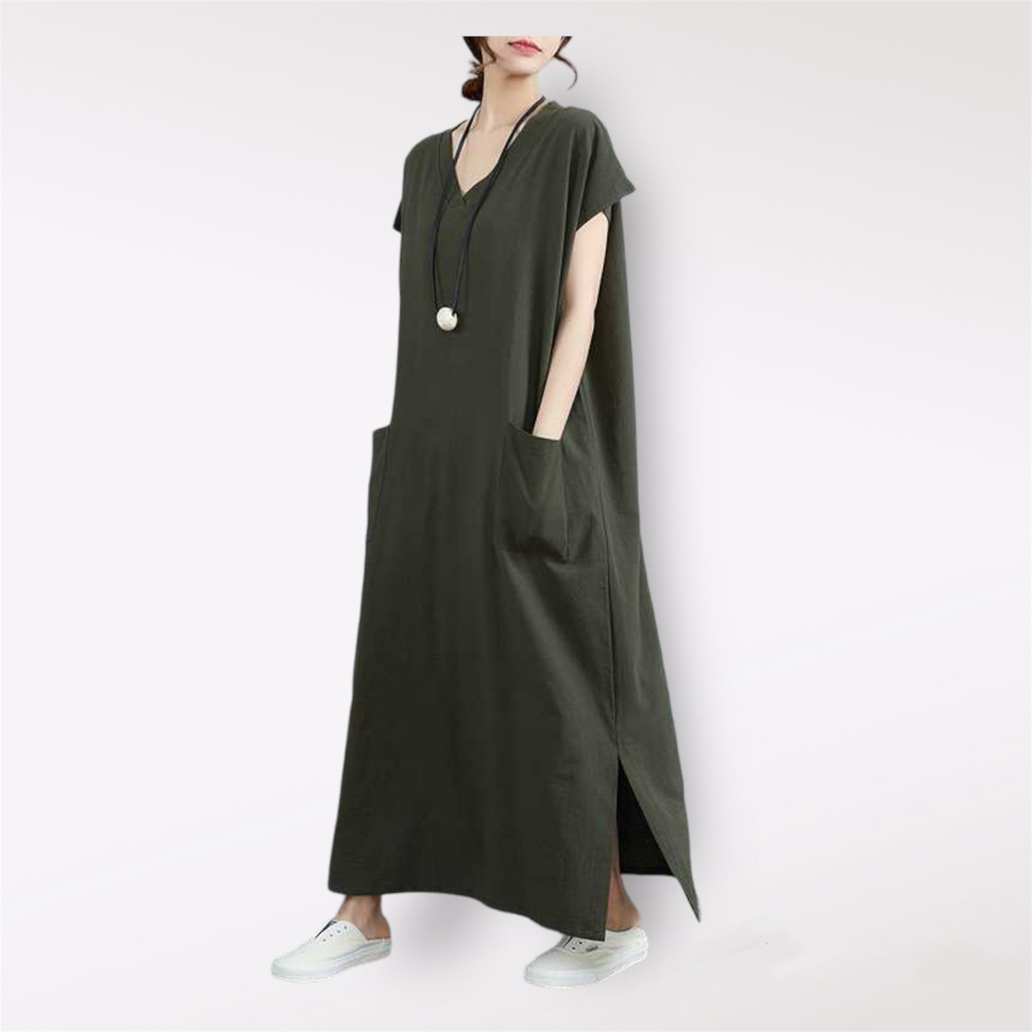 New Retro Cotton Linen V-Neck Plus Size Loose Fit Dress with Pocket Design and Short Sleeves