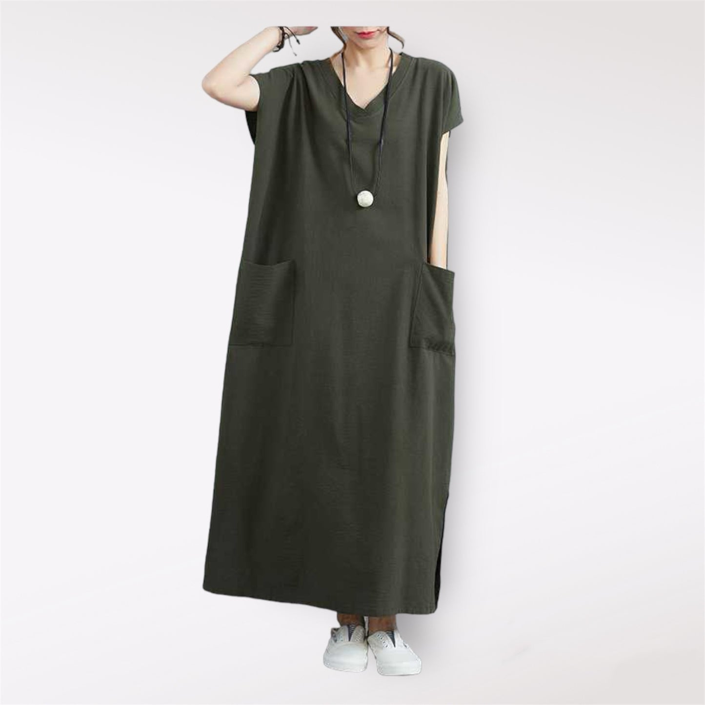 New Retro Cotton Linen V-Neck Plus Size Loose Fit Dress with Pocket Design and Short Sleeves