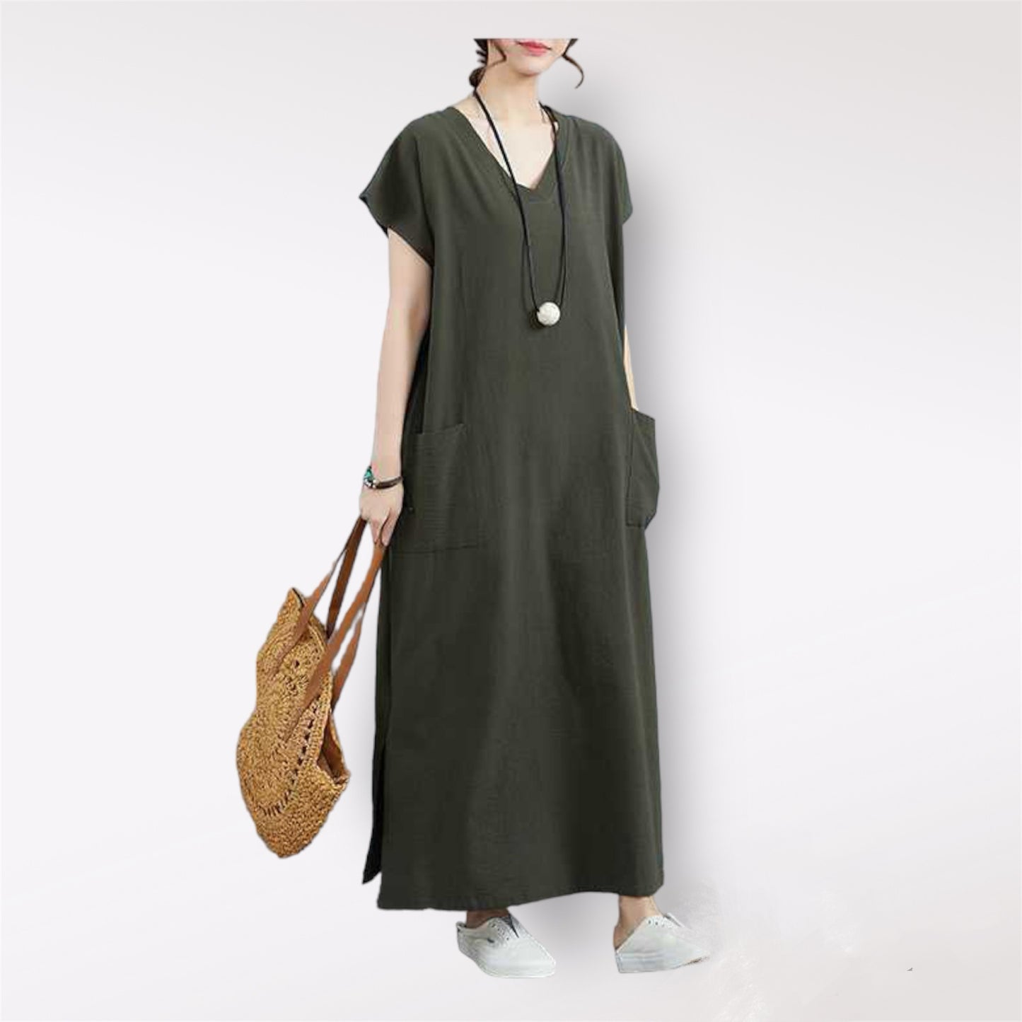 New Retro Cotton Linen V-Neck Plus Size Loose Fit Dress with Pocket Design and Short Sleeves
