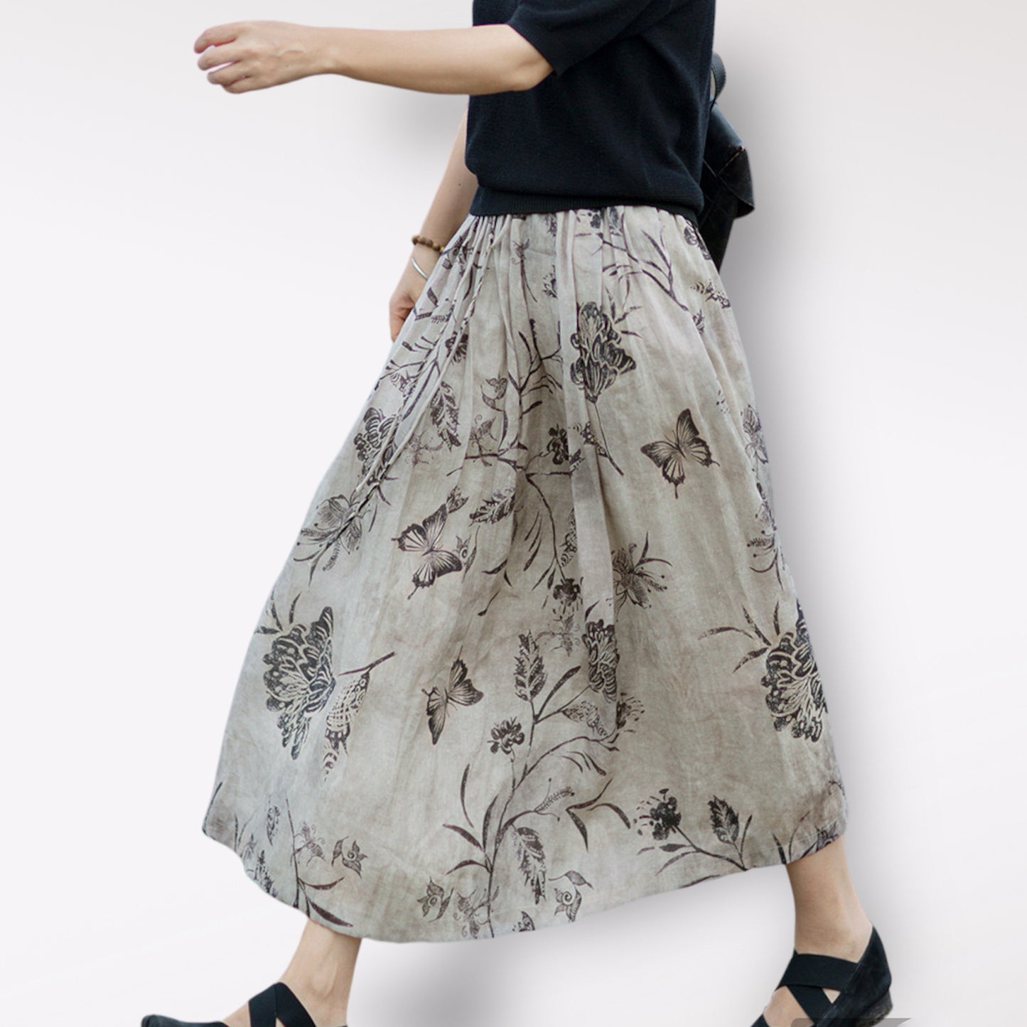 New Artistic Printed 42’s Ramie A-Line Midi Skirt