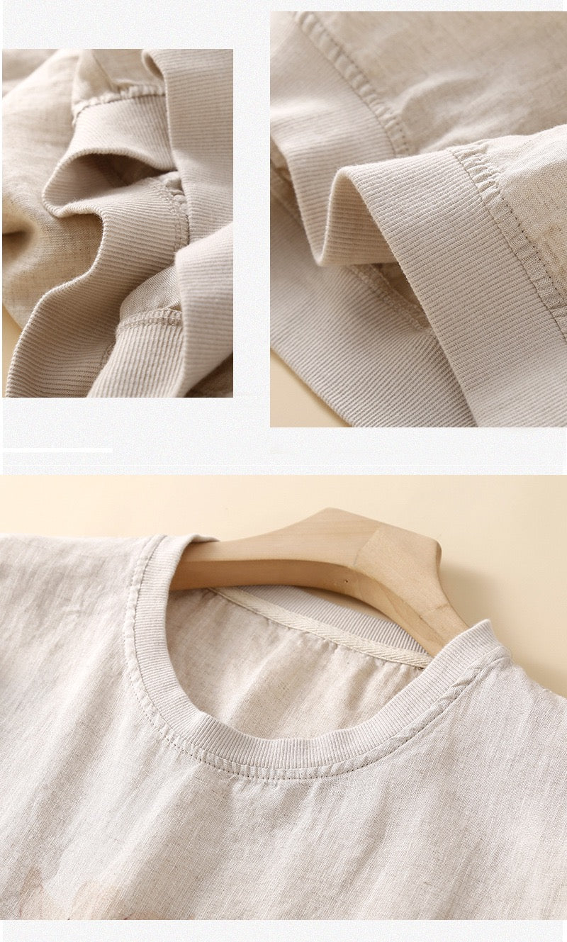 Artistic Vintage 100’s Sand-Washed Pure Linen Top, Loose Fit with Printed Design