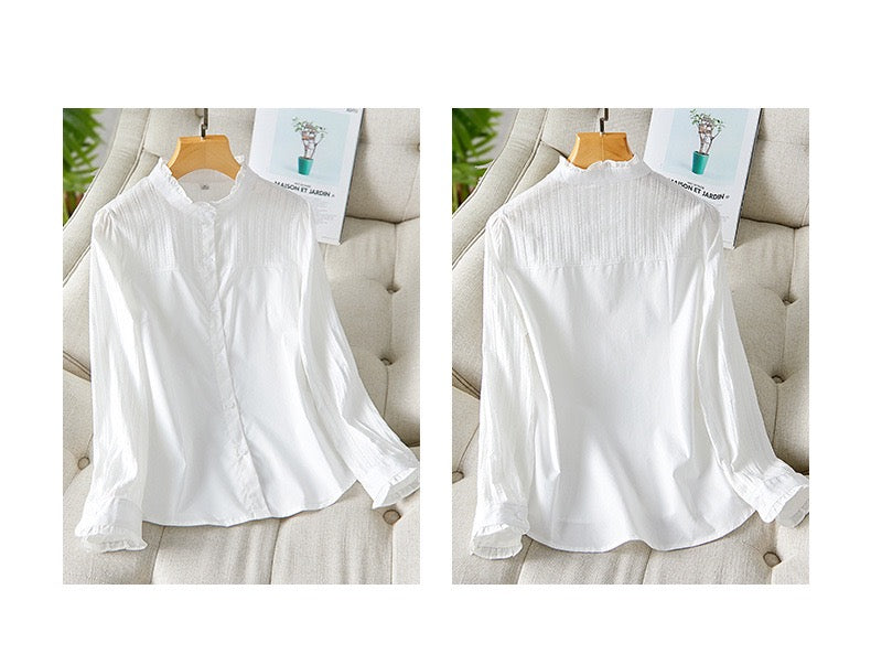 Women’s Long Sleeve White Shirt: Striped Design, Slim Fit, Cotton Base Blouse with Ruffled Collar