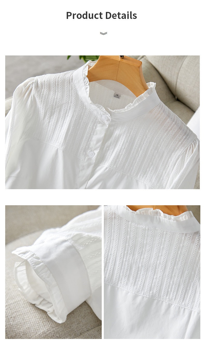 Women’s Long Sleeve White Shirt: Striped Design, Slim Fit, Cotton Base Blouse with Ruffled Collar