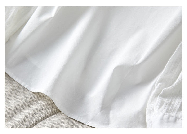 Women’s Long Sleeve White Shirt: Striped Design, Slim Fit, Cotton Base Blouse with Ruffled Collar