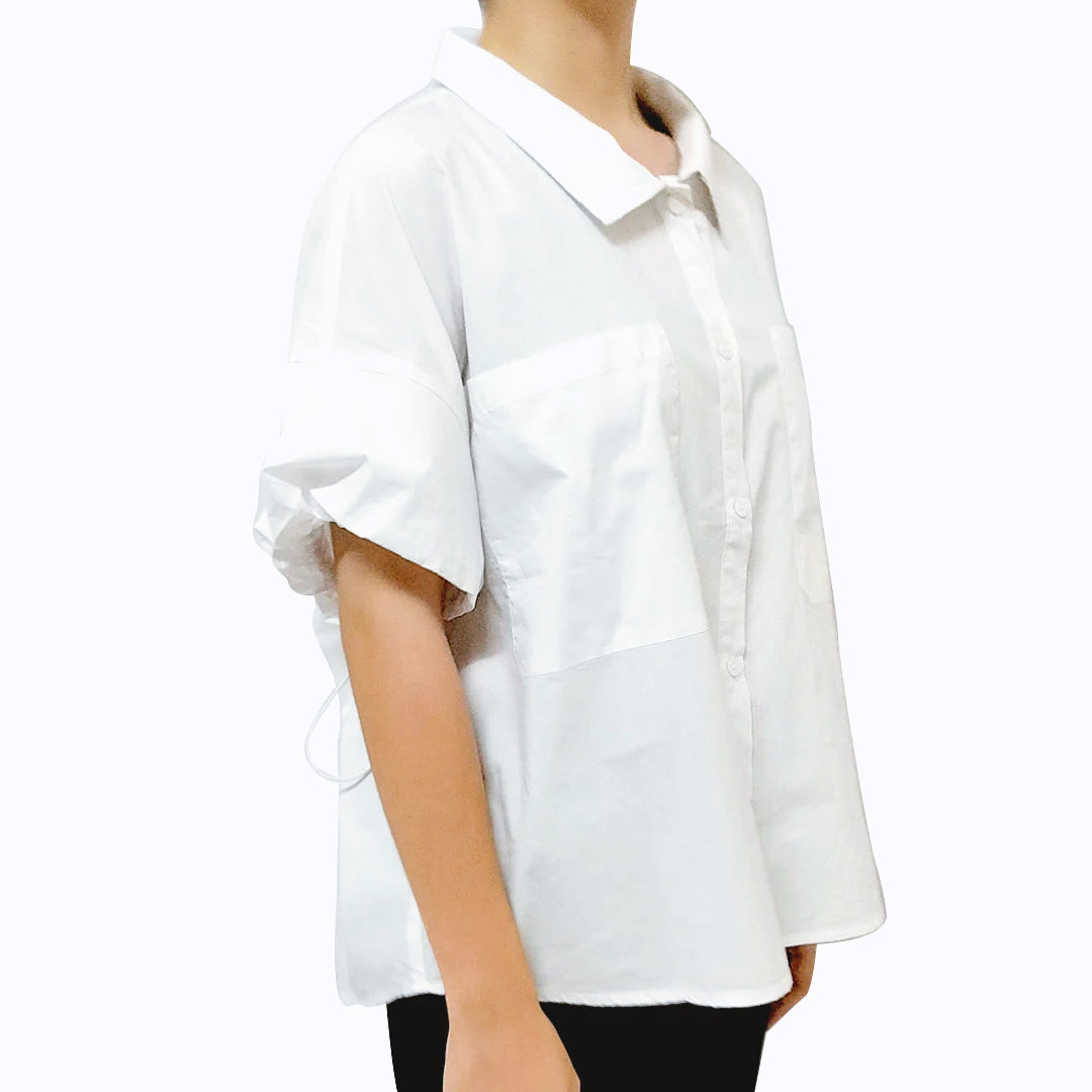 New Women’s Cotton Short Sleeve Shirt: Loose Fit, Stylish Elastic Sleeve Blouse