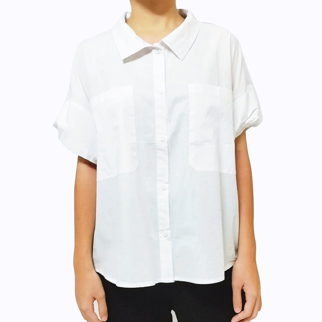 New Women’s Cotton Short Sleeve Shirt: Loose Fit, Stylish Elastic Sleeve Blouse