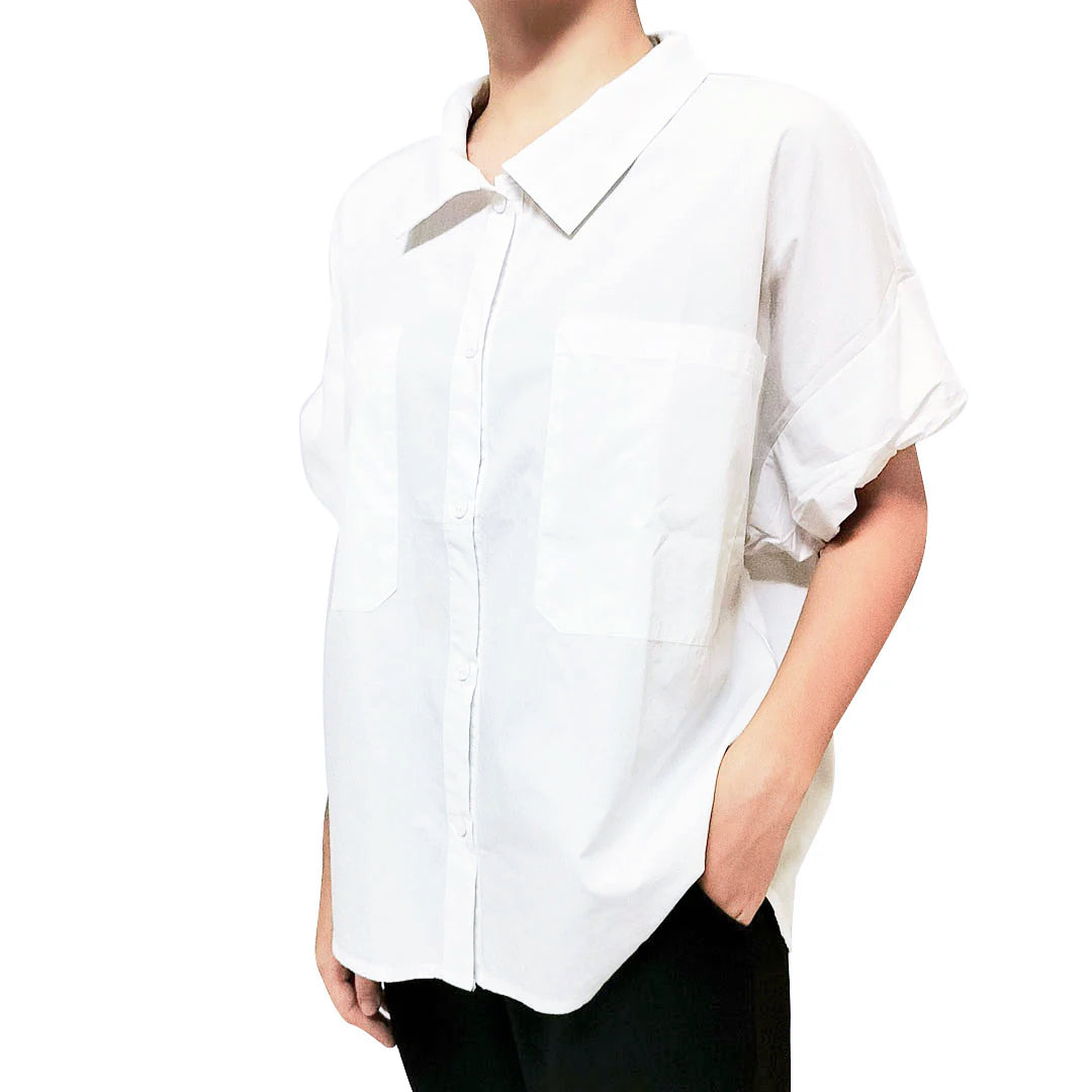 New Women’s Cotton Short Sleeve Shirt: Loose Fit, Stylish Elastic Sleeve Blouse
