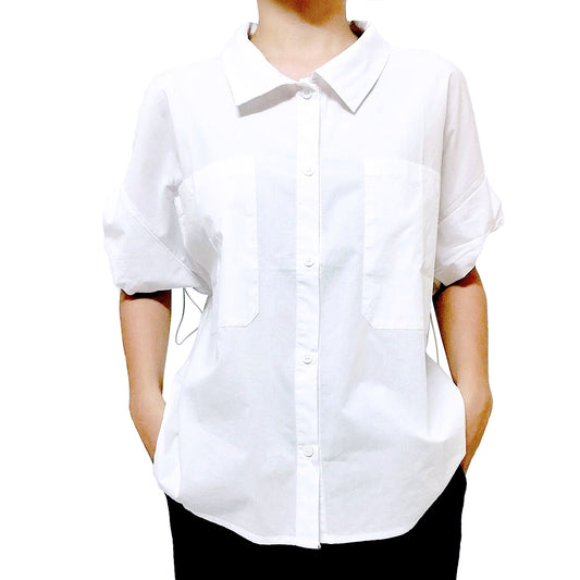 New Women’s Cotton Short Sleeve Shirt: Loose Fit, Stylish Elastic Sleeve Blouse