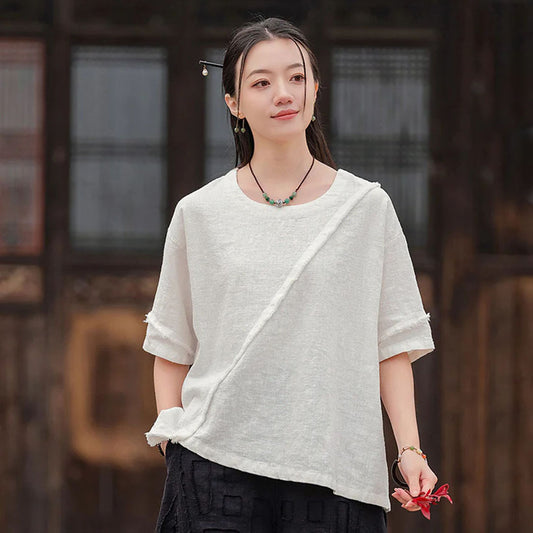 Pre-order | Women’s Asymmetrical Washed Ramie Cotton-Linen T-Shirt | Loose Fit, Short Sleeve