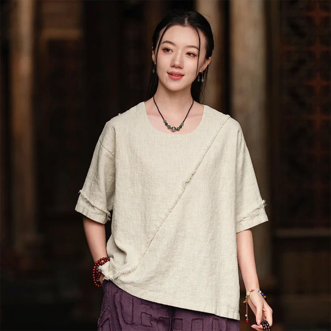 Pre-order | Women’s Asymmetrical Washed Ramie Cotton-Linen T-Shirt | Loose Fit, Short Sleeve