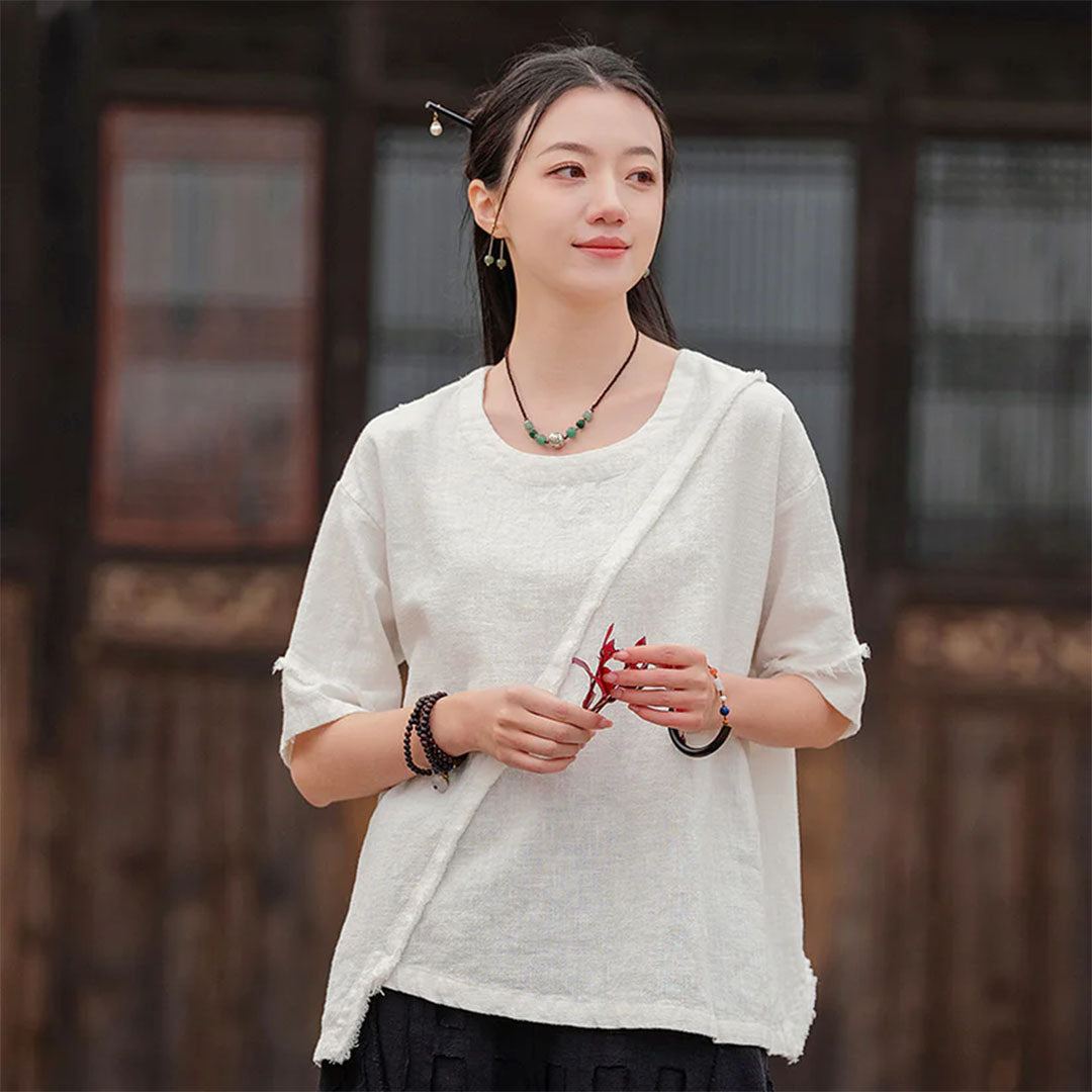 Pre-order | Women’s Asymmetrical Washed Ramie Cotton-Linen T-Shirt | Loose Fit, Short Sleeve