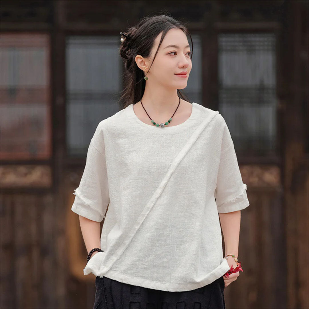 Pre-order | Women’s Asymmetrical Washed Ramie Cotton-Linen T-Shirt | Loose Fit, Short Sleeve