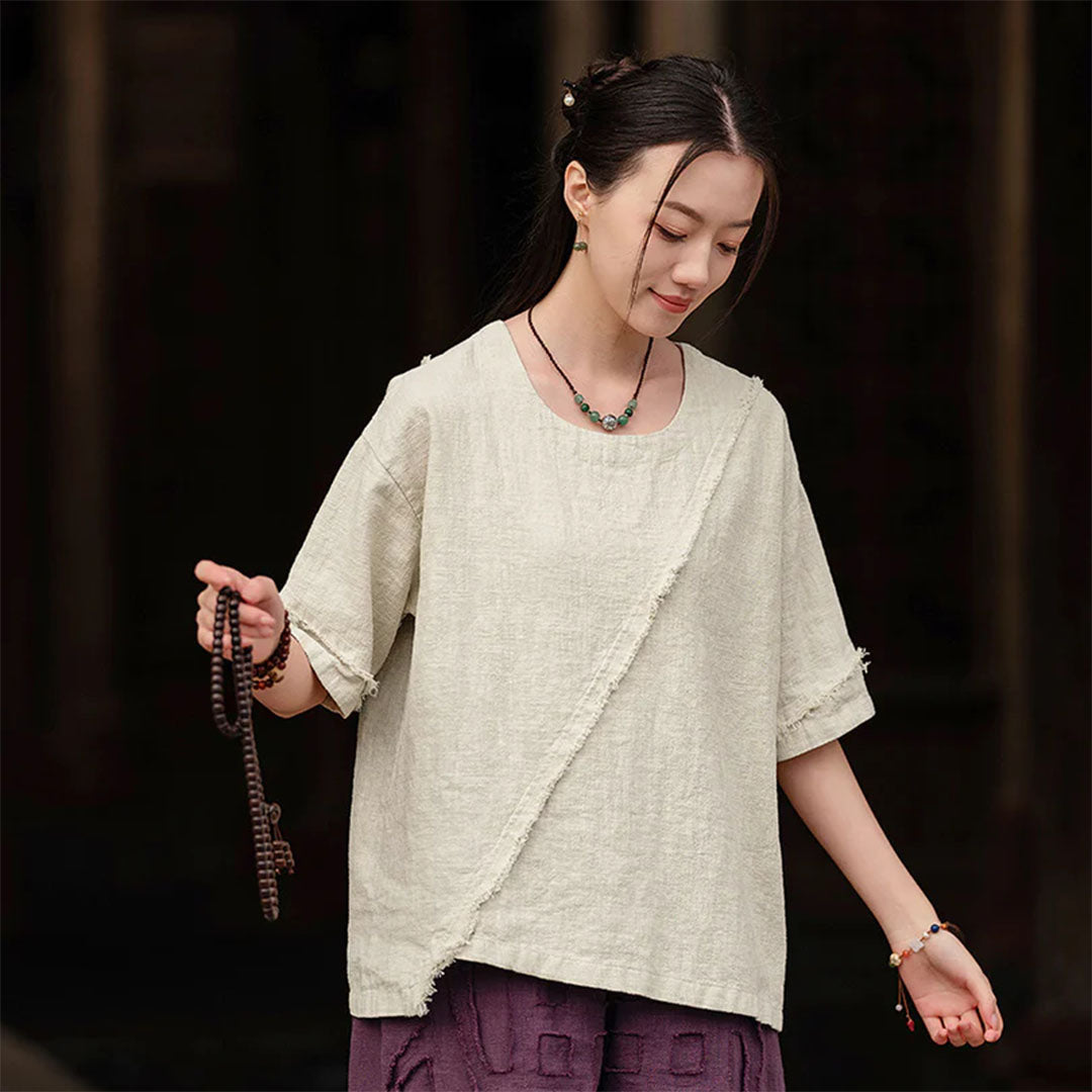 Pre-order | Women’s Asymmetrical Washed Ramie Cotton-Linen T-Shirt | Loose Fit, Short Sleeve