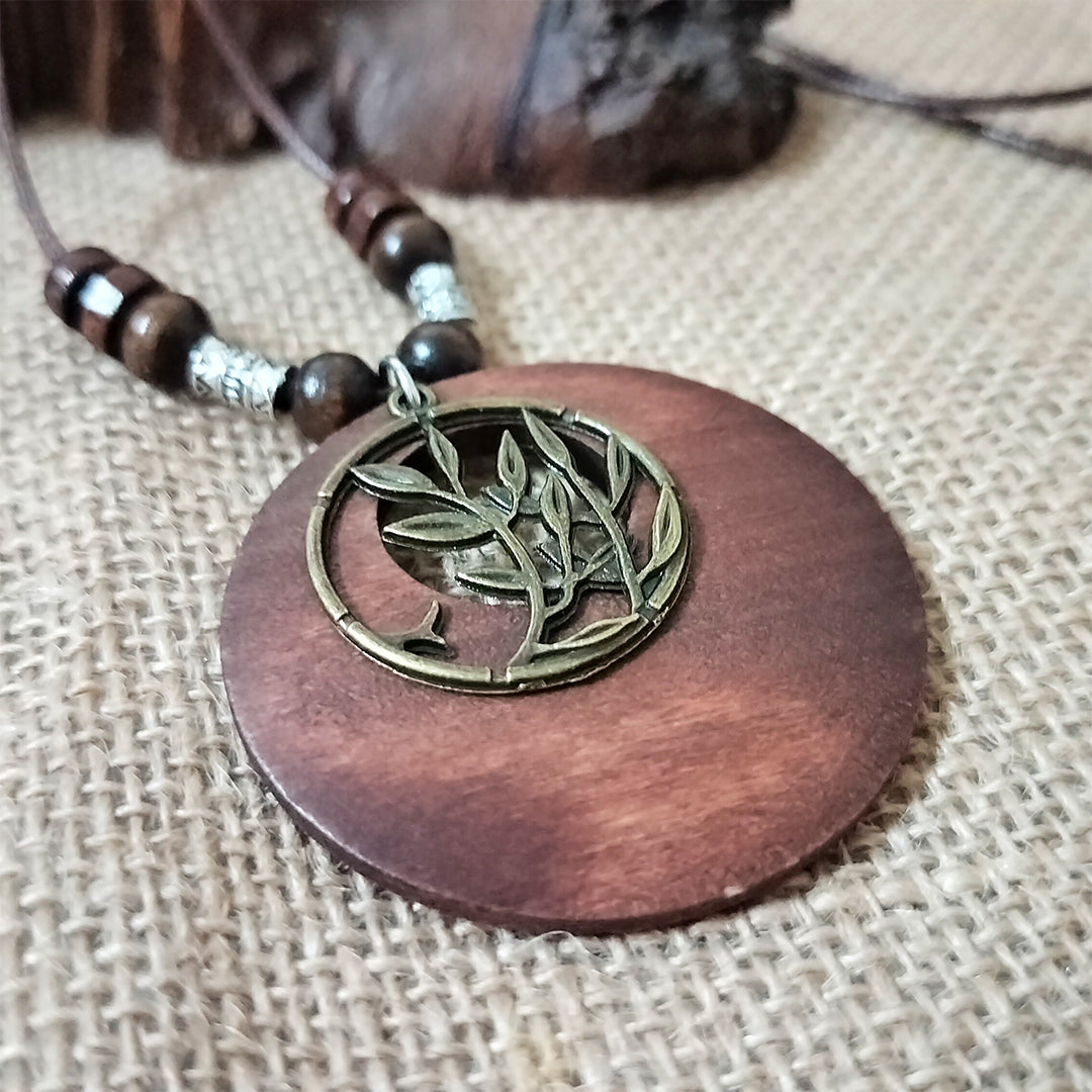 Vintage Ethnic Style Beaded Wooden Hollow Pendant Necklace (Circular Tree)