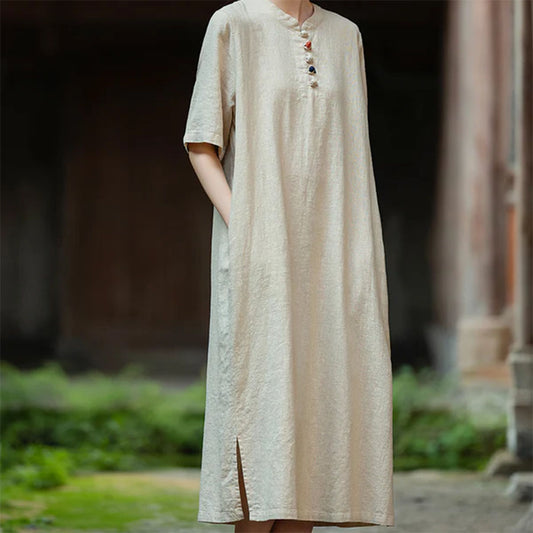 Original Cotton Linen Chinese-Style Maxi Dress | Contrast Piping & Frog Buttons | Casual Travel Homewear