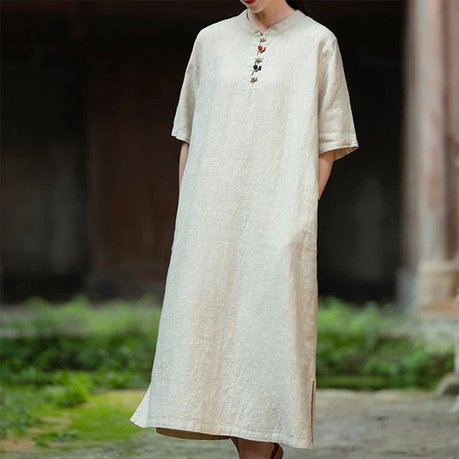 Original Cotton Linen Chinese-Style Maxi Dress | Contrast Piping & Frog Buttons | Casual Travel Homewear