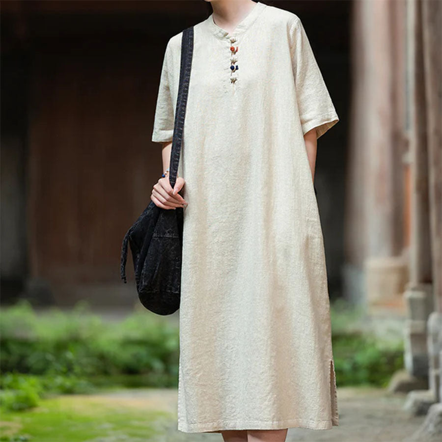 Original Cotton Linen Chinese-Style Maxi Dress | Contrast Piping & Frog Buttons | Casual Travel Homewear