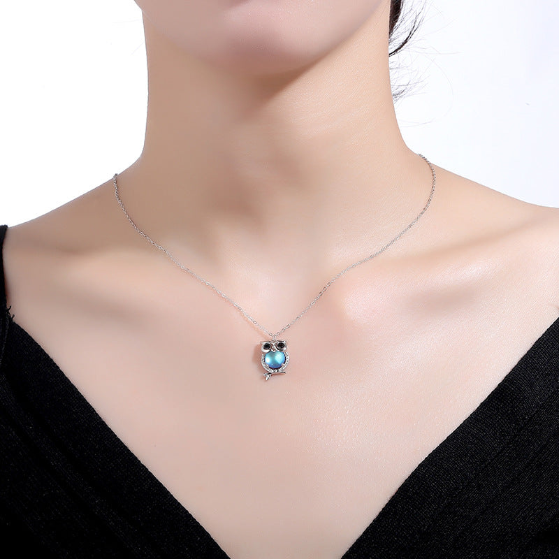 S925 Sterling Silver Owl Necklace: Unique European Forest Design with Moonstone Pendant