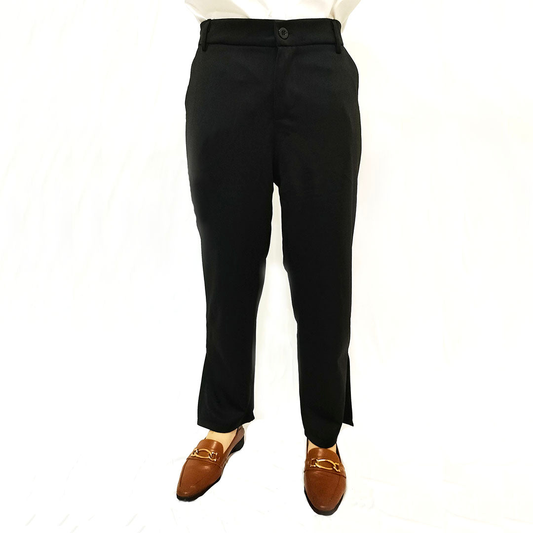 Elegant Women’s Black Suit Trousers: Ice Silk, Side-Slit, Nine-Point