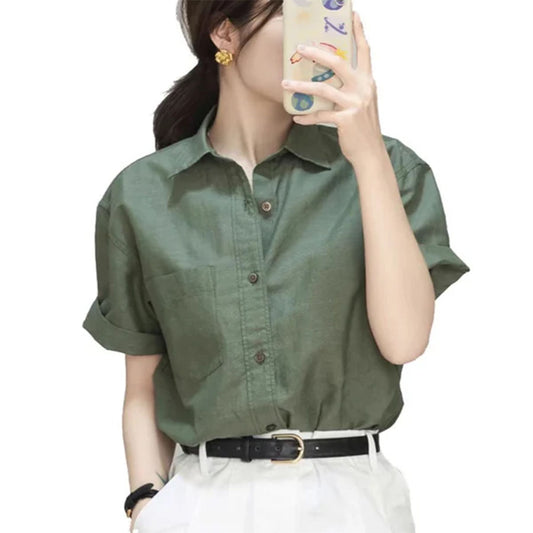 Cotton Linen Polo Shirt for Women – Breathable Short Sleeve Button-Down Top in Solid Green