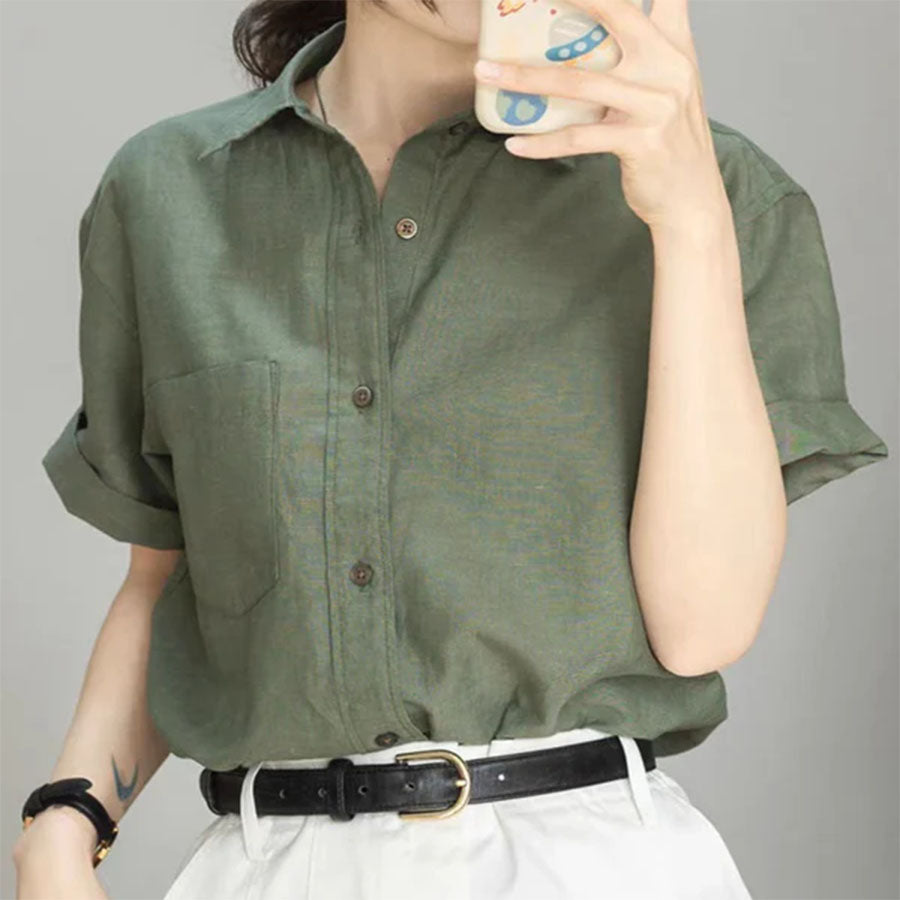 Cotton Linen Polo Shirt for Women – Breathable Short Sleeve Button-Down Top in Solid Green