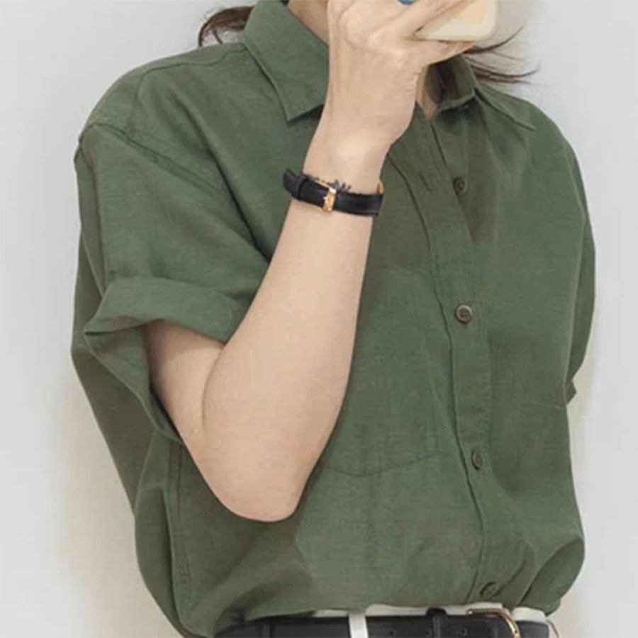 Cotton Linen Polo Shirt for Women – Breathable Short Sleeve Button-Down Top in Solid Green