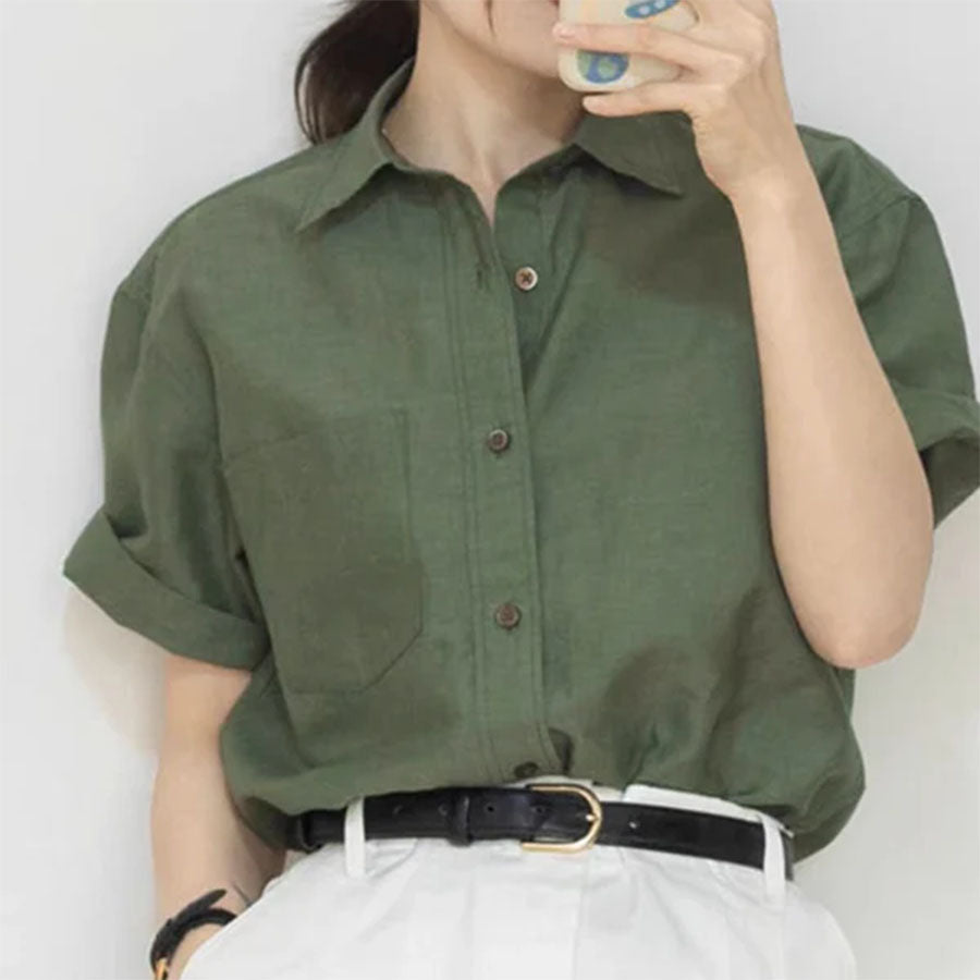 Cotton Linen Polo Shirt for Women – Breathable Short Sleeve Button-Down Top in Solid Green