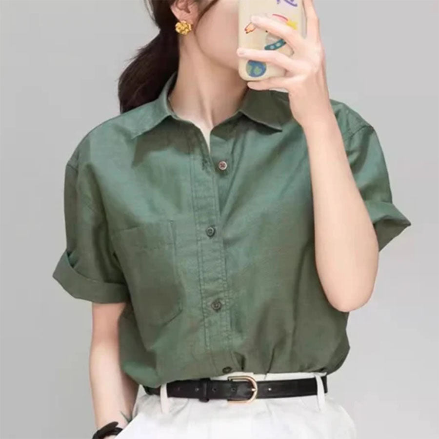 Cotton Linen Polo Shirt for Women – Breathable Short Sleeve Button-Down Top in Solid Green
