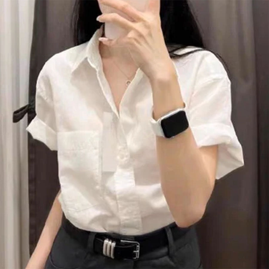 Cotton Linen Polo Shirt for Women – Breathable Short Sleeve Button-Down Top in Solid Green