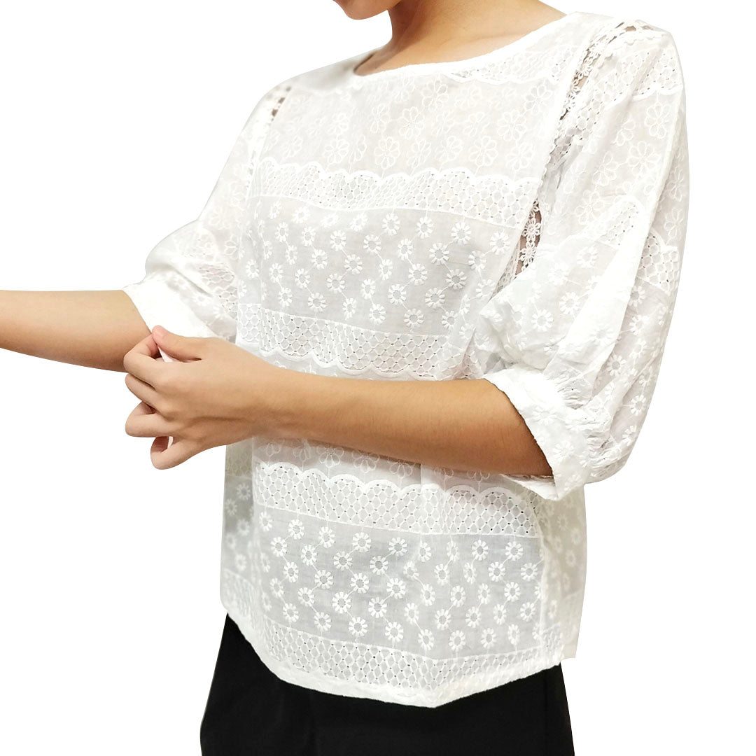 Elegant 2025 White Bubble Short Sleeve Top with Embroidery for Women