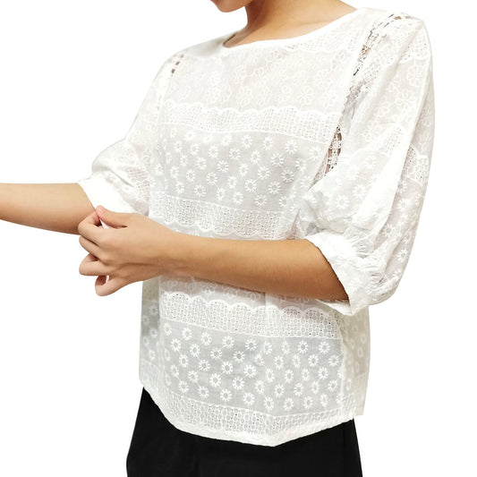 Elegant 2025 White Bubble Short Sleeve Top with Embroidery for Women